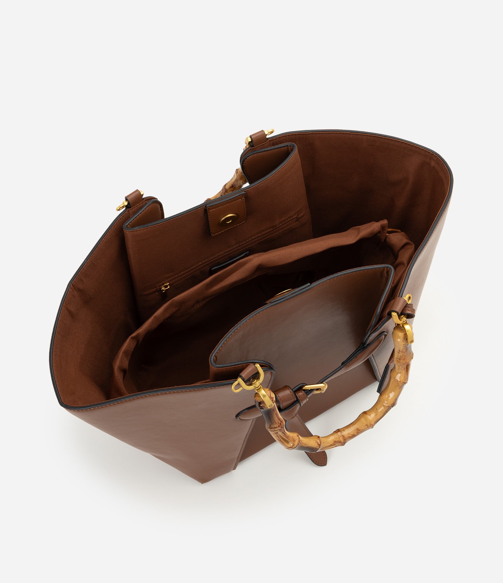 Bolsa Shopper Grande em PU com Alça Efeito de Bambu Marrom 4