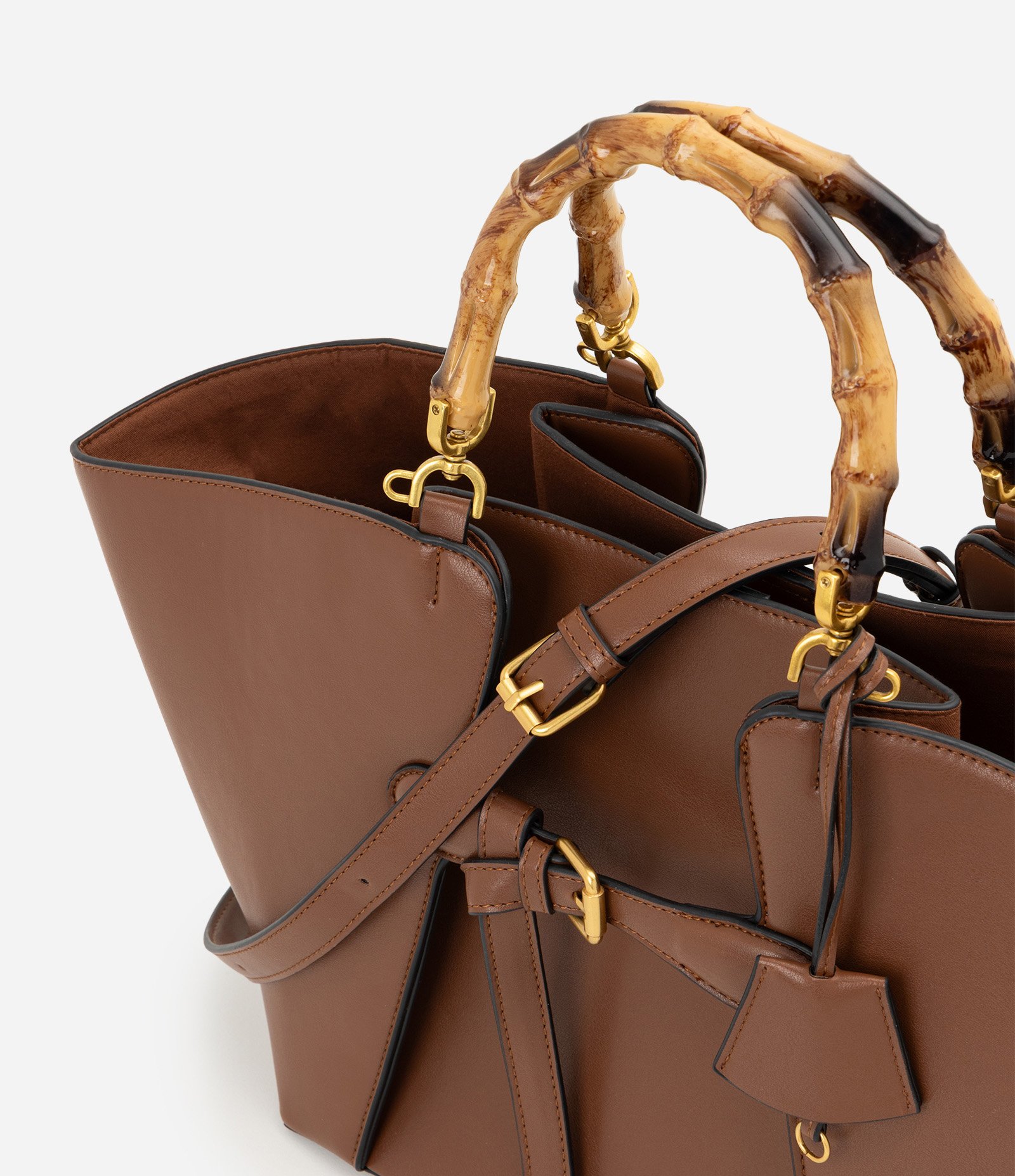 Bolsa Shopper Grande em PU com Alça Efeito de Bambu Marrom 5