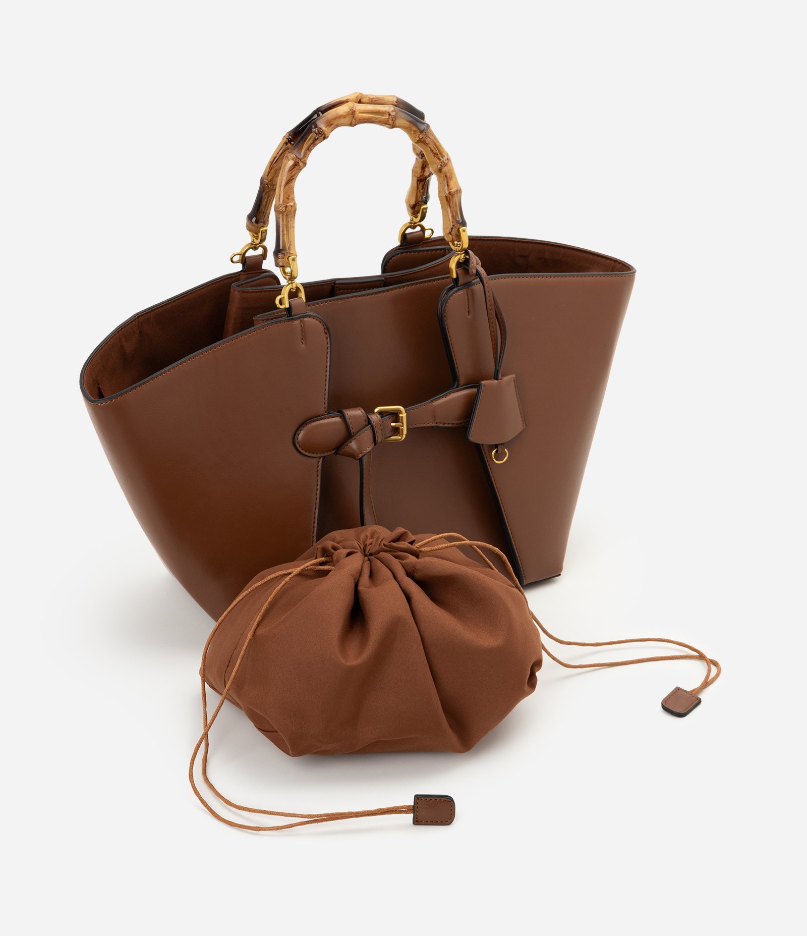 Bolsa Shopper Grande em PU com Alça Efeito de Bambu Marrom 6