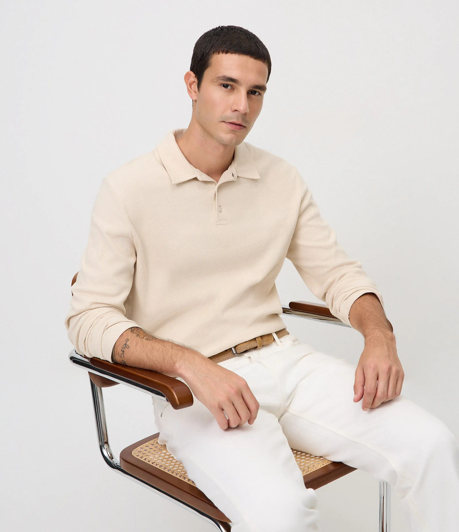 Camiseta Polo em Algodão Texturizado Bege 1