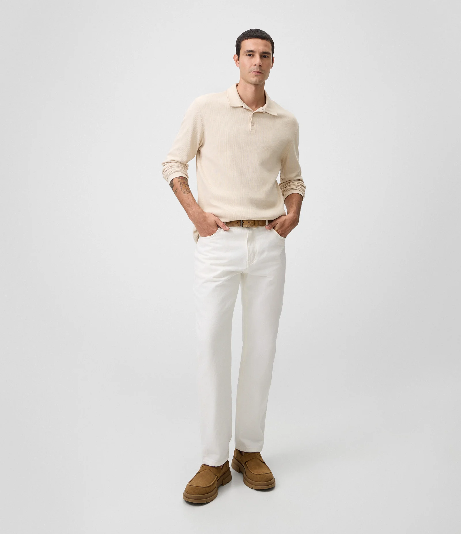 Camiseta Polo em Algodão Texturizado Bege 2