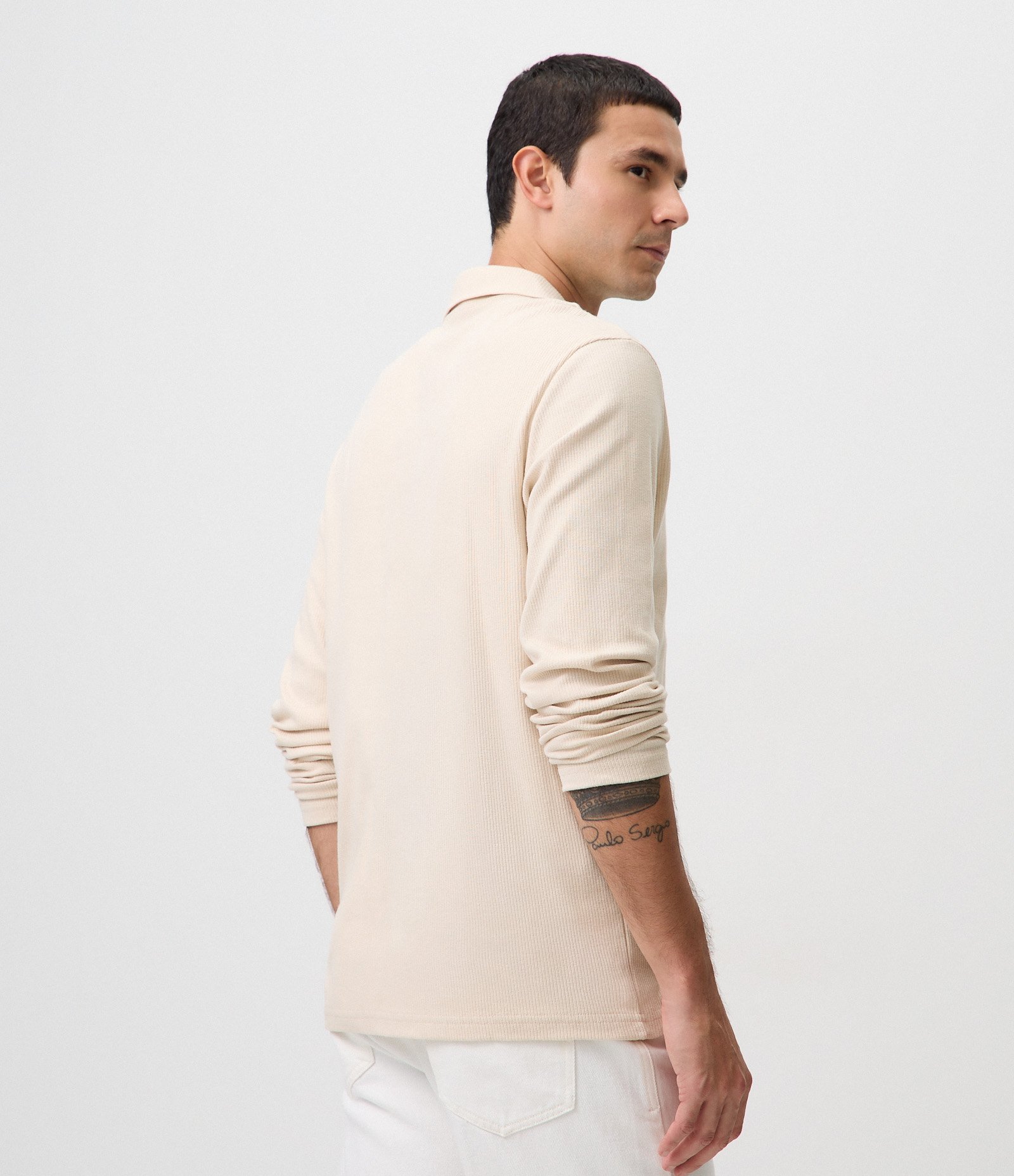 Camiseta Polo em Algodão Texturizado Bege 3