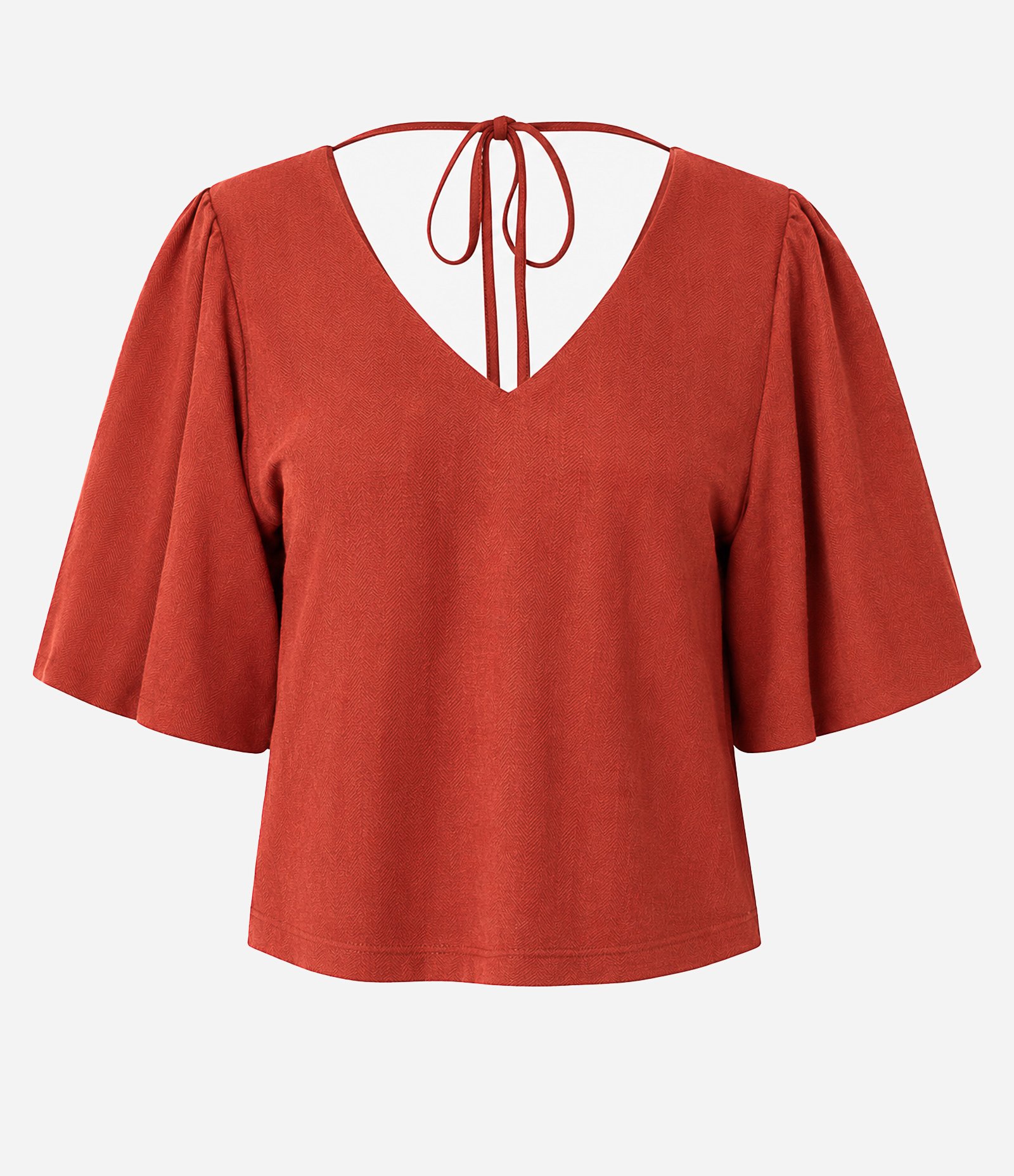 Blusa em Piquet com Decote V e Manga Balonê Terracota 5