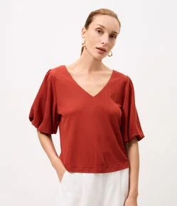 Blusa em Piquet com Decote V e Manga Balonê