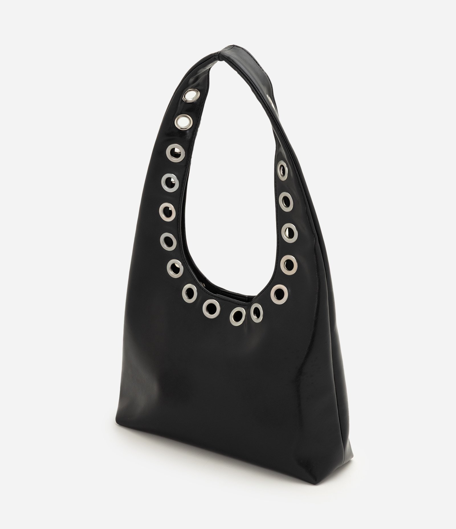 Bolsa Hobo Média em PU com Ilhoses Metálicas Preto 5