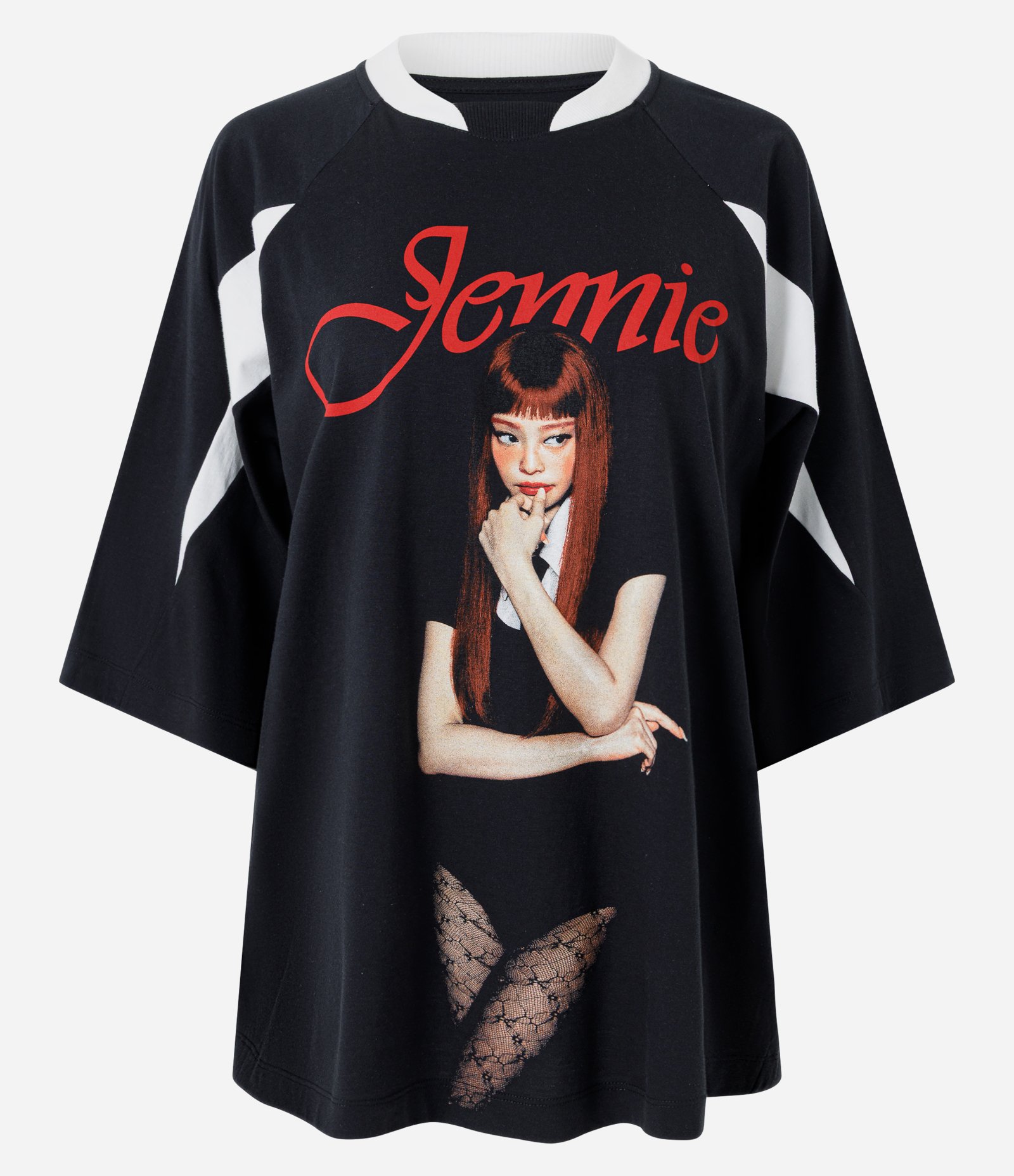 Camiseta Oversized com Estampa Jennie e Recortes Contrastantes Preto 5