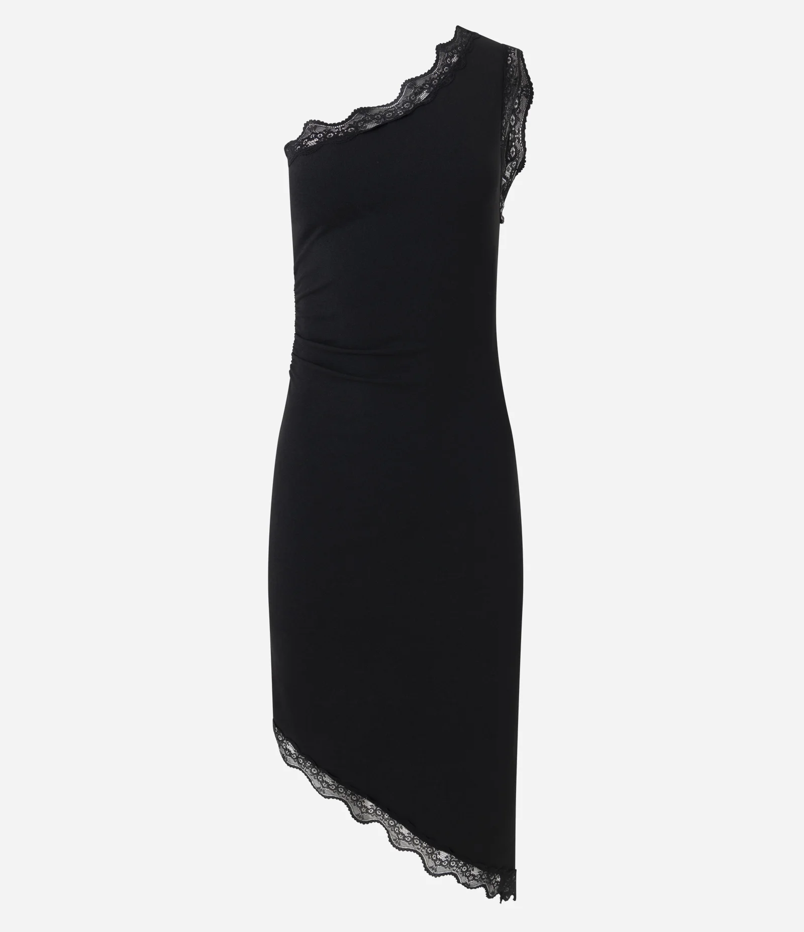 Vestido Ombro Único com Decote Assimétrico e Detalhe Rendado Preto 1