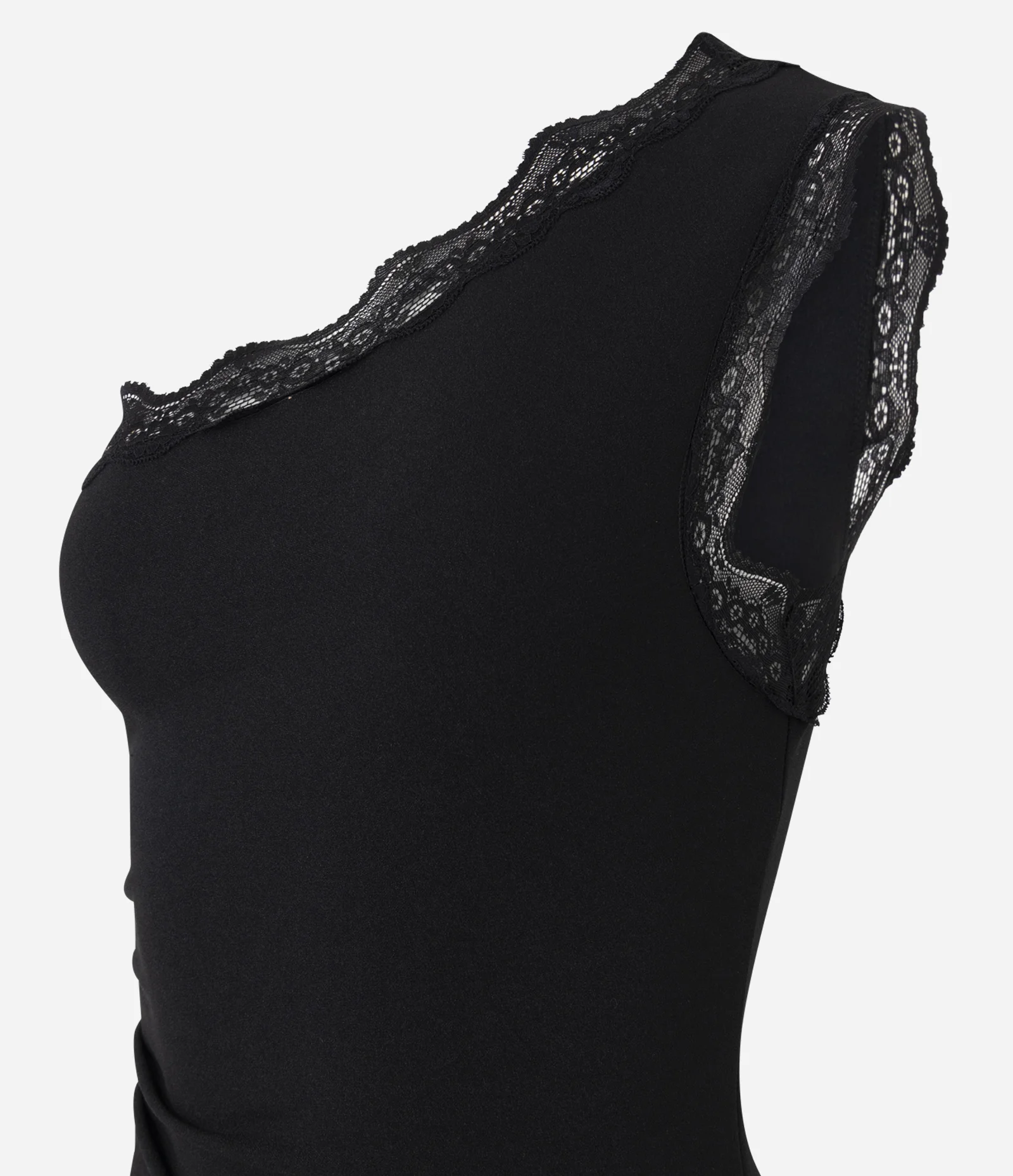 Vestido Ombro Único com Decote Assimétrico e Detalhe Rendado Preto 2