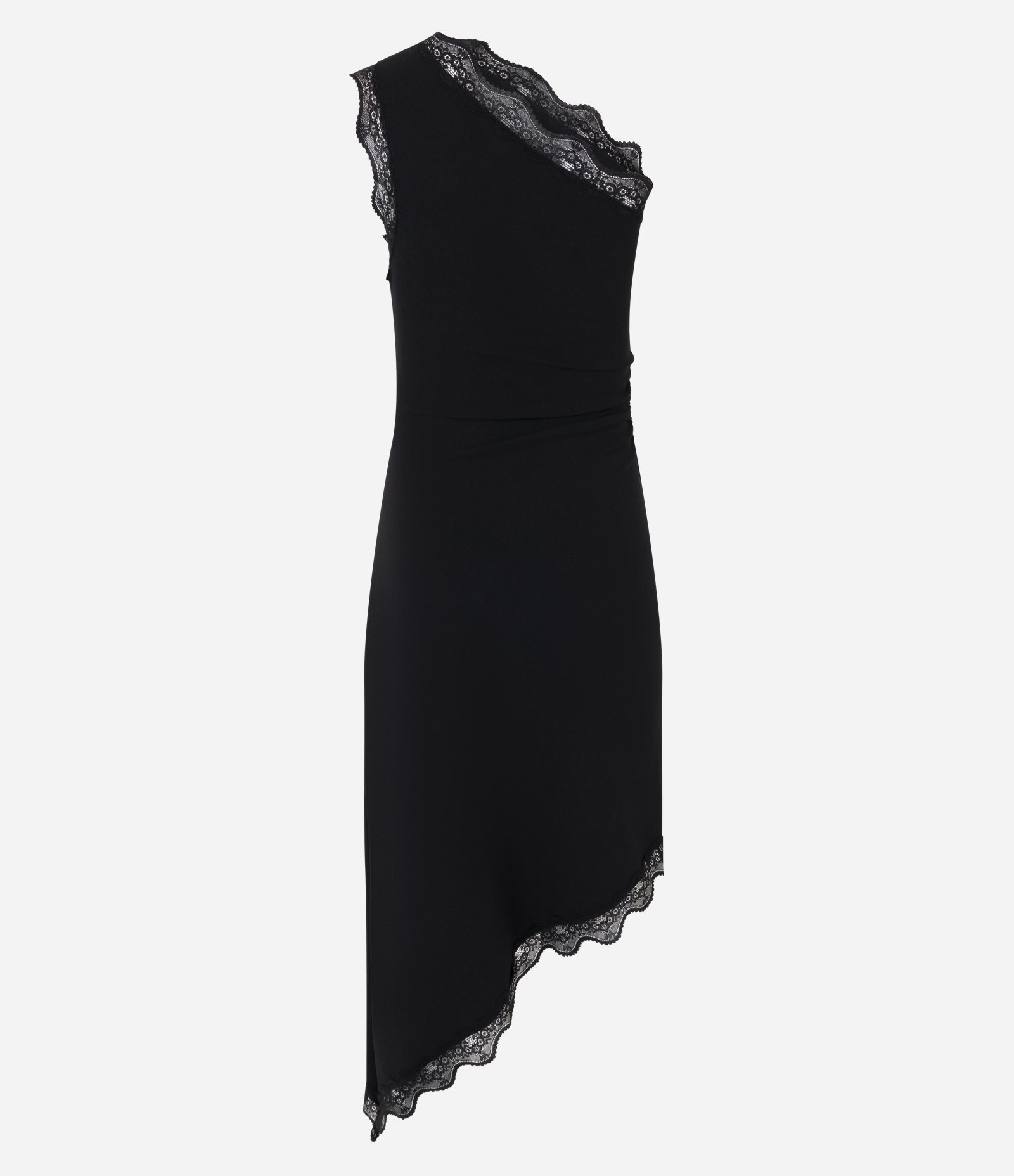 Vestido Ombro Único com Decote Assimétrico e Detalhe Rendado Preto 3