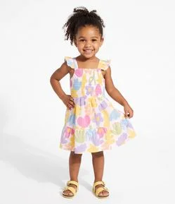 Vestido Infantil Em Algodão com Lastex e Babados nas Alças Tam 1 a 6 Anos