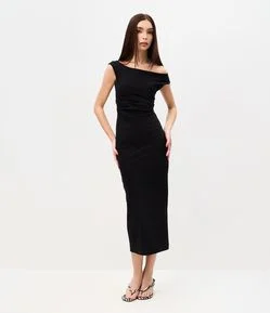 Vestido Midi em Cotton com Decote Ombro a Ombro e Drapeado