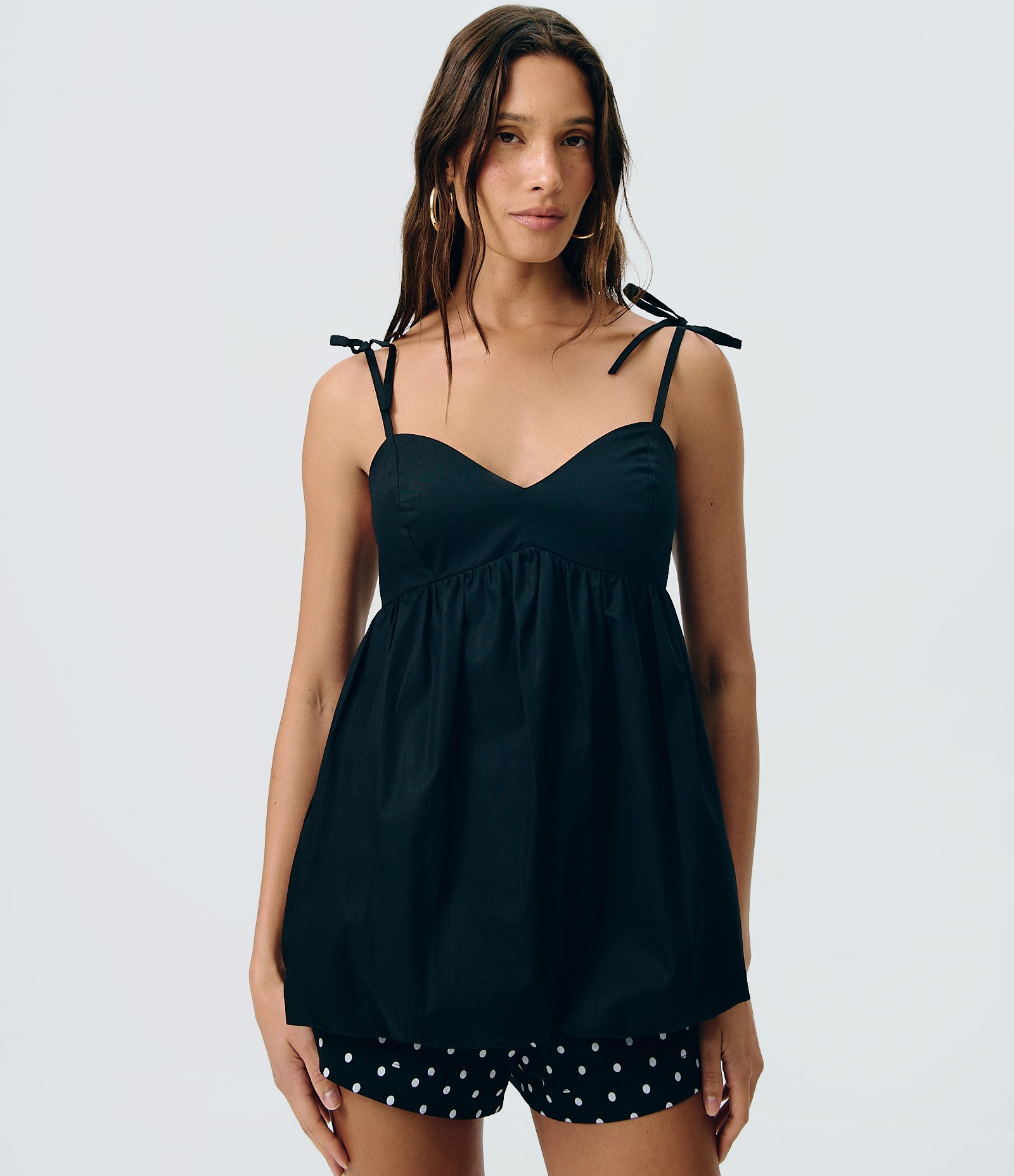 Blusa Balonê em Tricoline com Decote Coração e Alças para Amarração Preto 3