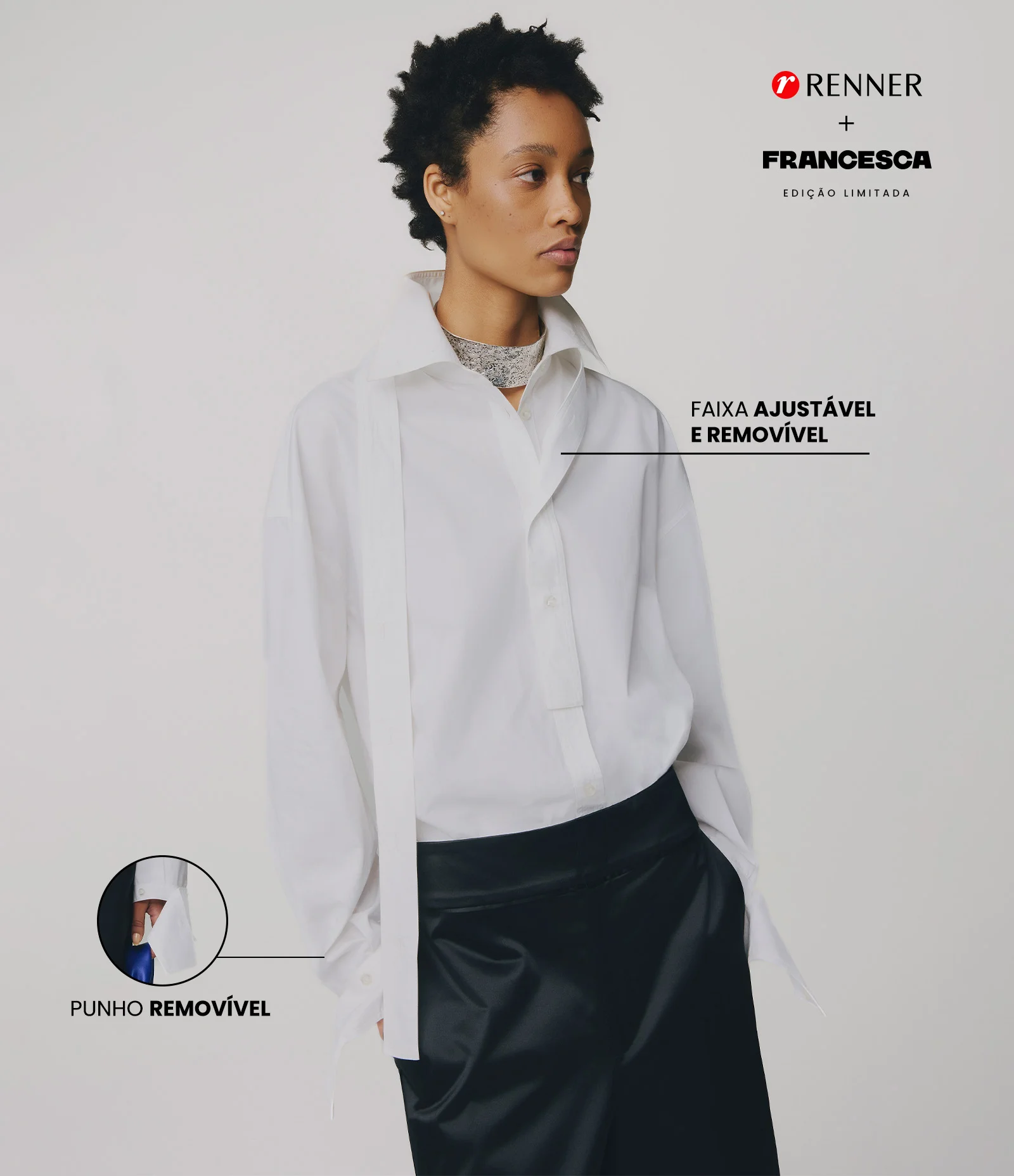 Camisa em Tricoline com Faixa Aplicada de Vista Frontal e Punhos Removíveis Branco 1