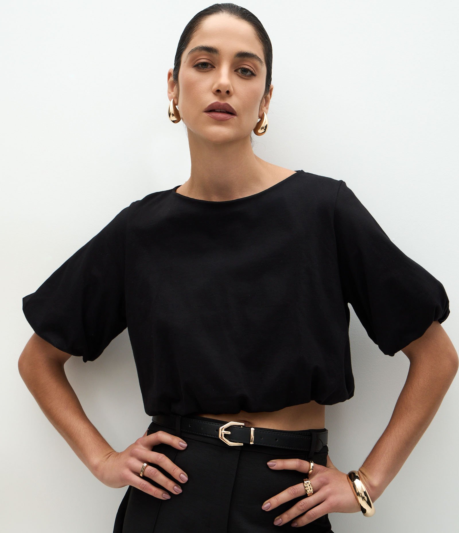 Blusa Cropped Balonê em Algodão Preto 1