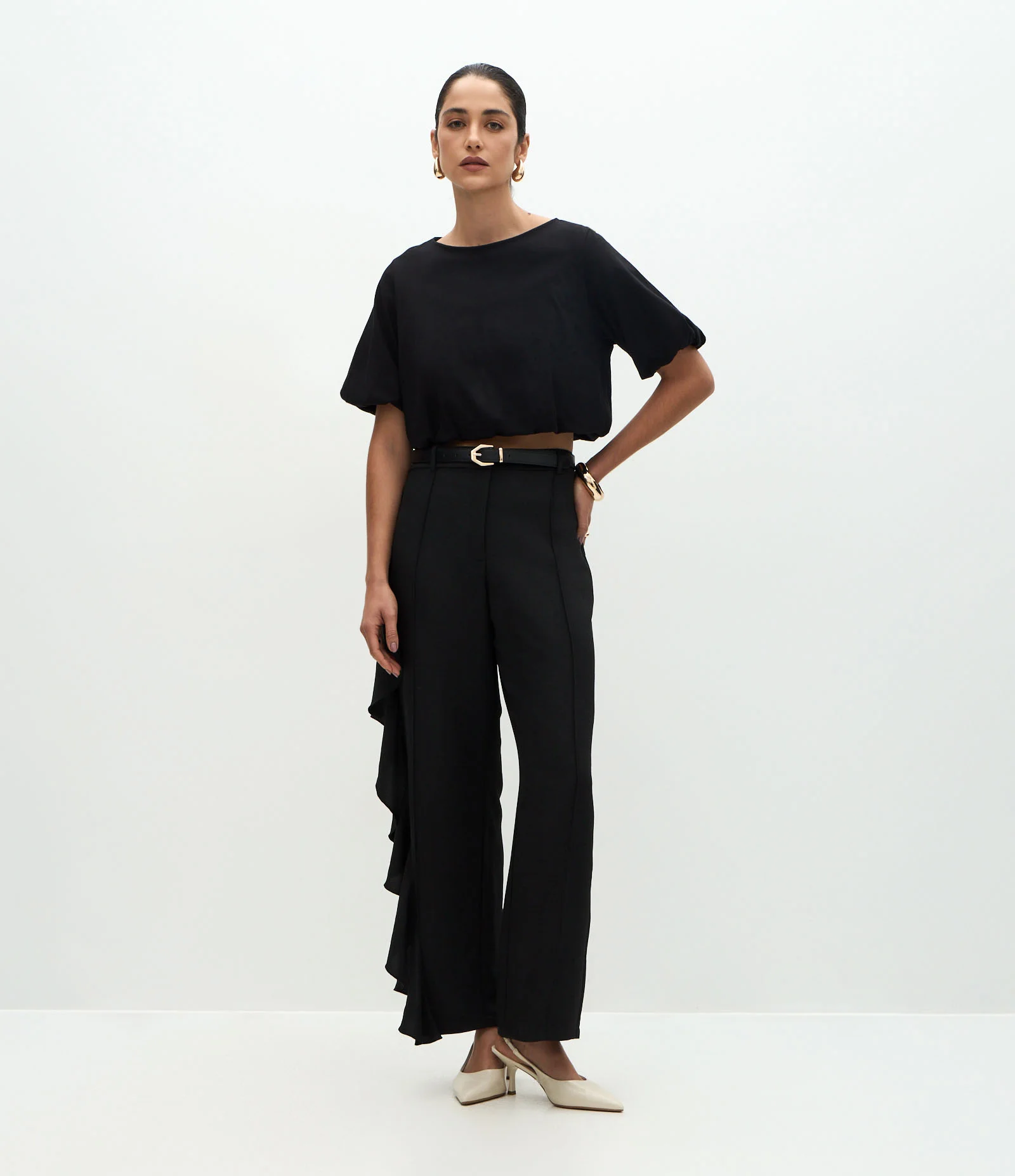 Blusa Cropped Balonê em Algodão Preto 2