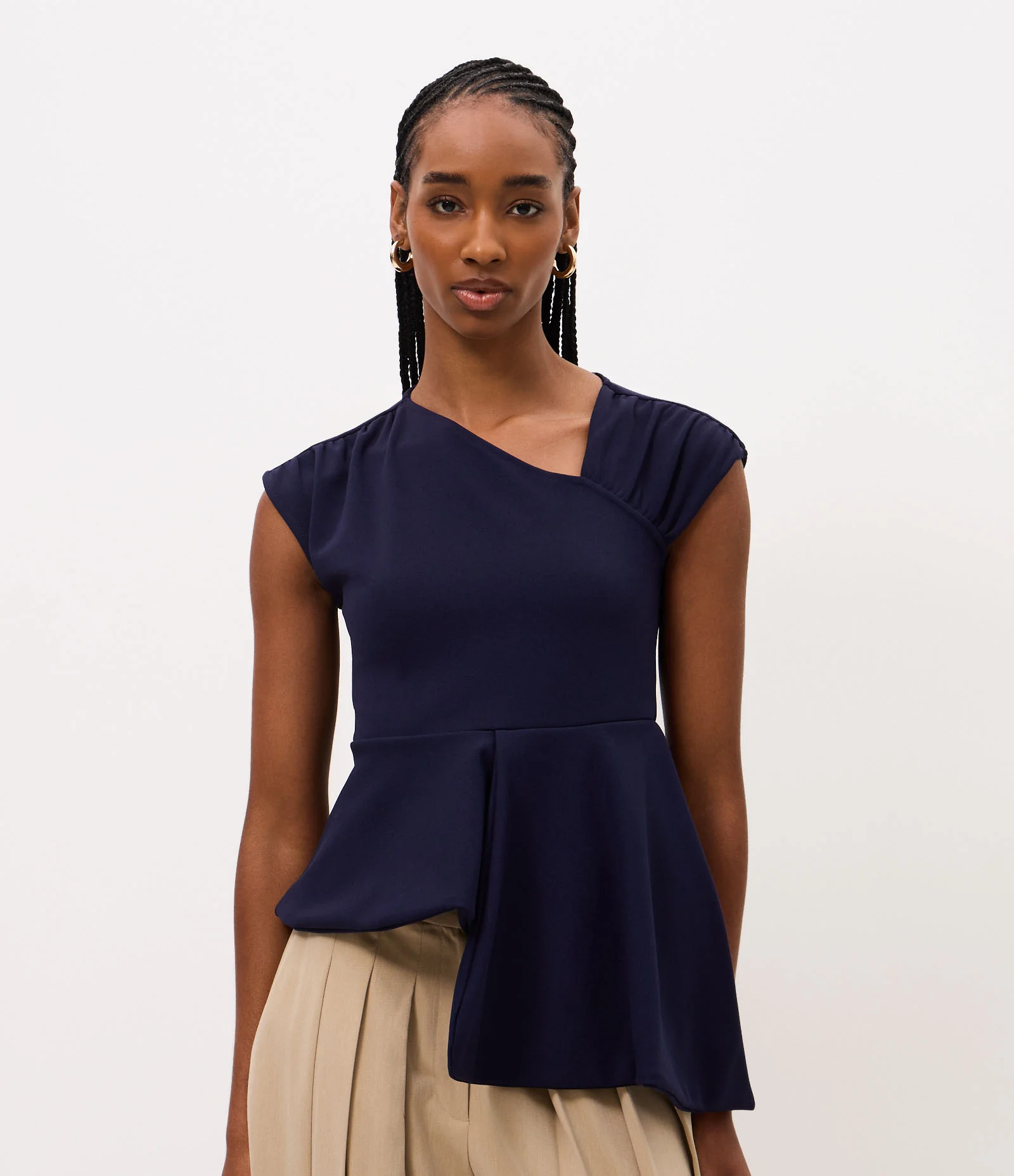 Blusa Peplum Assimétrica com Decote Transpassado Azul 1
