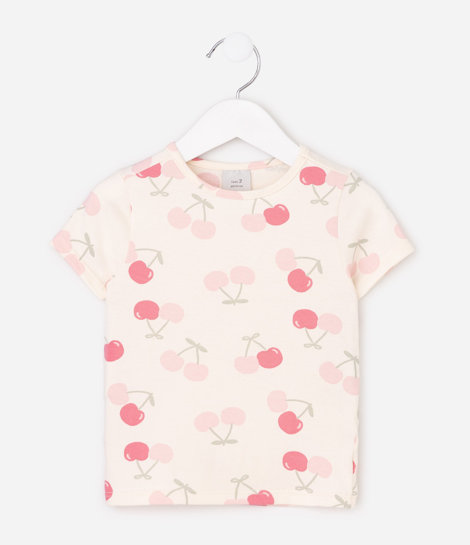 Camiseta Infantil Slim com Estampa de Cerejas - Tam 1 a 6 Anos Bege/Rosa 1