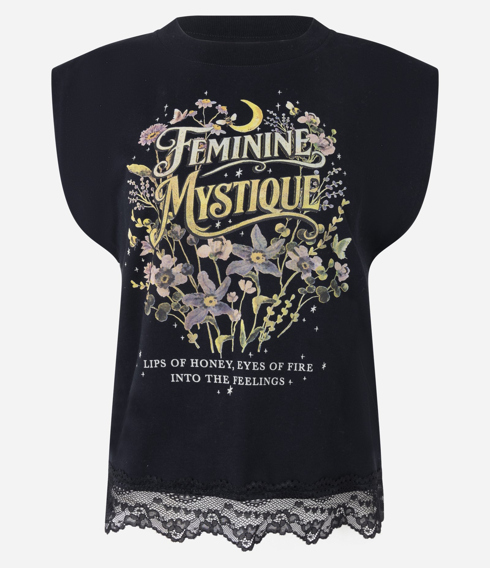 Blusa Muscle com Estampa Feminine Mystique e Barra Rendada Preto 6