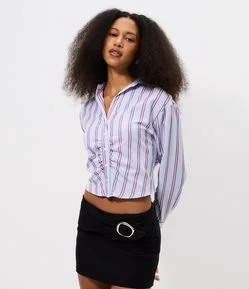 Camisa Manga Longa Listrada em Tricoline com Drapeados Frontais