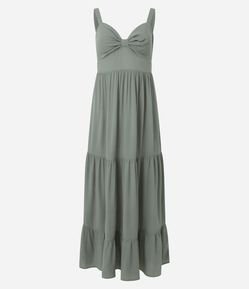 Vestido Longo em Viscose Texturizada com Detalhe Torcido no Busto