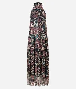 Vestido Halter Longo em Tule com Estampa Abstrata