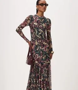 Vestido Longo em Tule com Estampa Floral