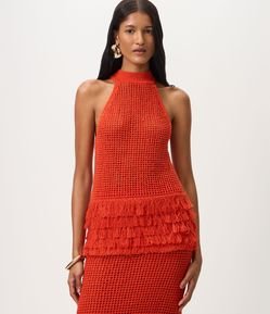 Blusa Halter em Tricô com Franjas