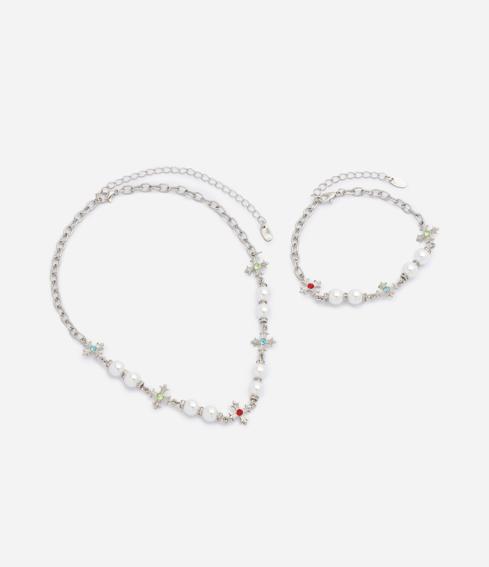 Kit Colar e Pulseira Metalizado com Pérolas Prata 2