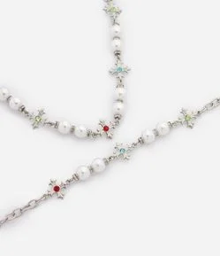 Kit Colar e Pulseira Metalizado com Pérolas