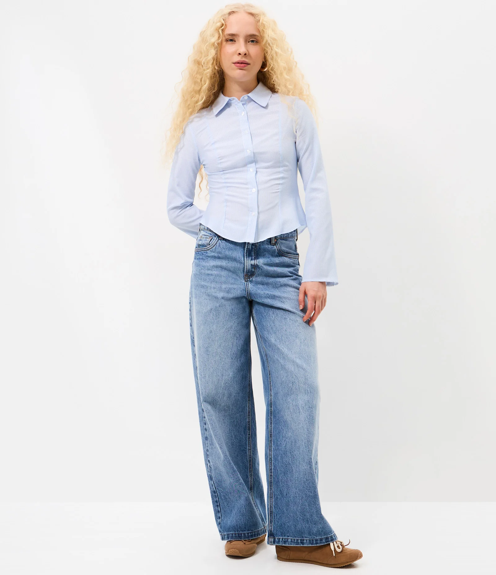 Camisa em Tricoline Listrada com Modelagem Ajustada Azul 2
