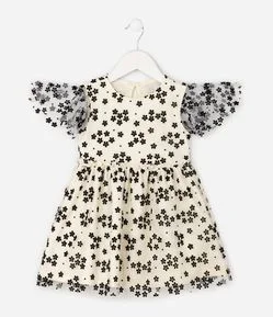 Vestido Tule Infantil com Estampa Floral - Tam 1 a 6 Anos