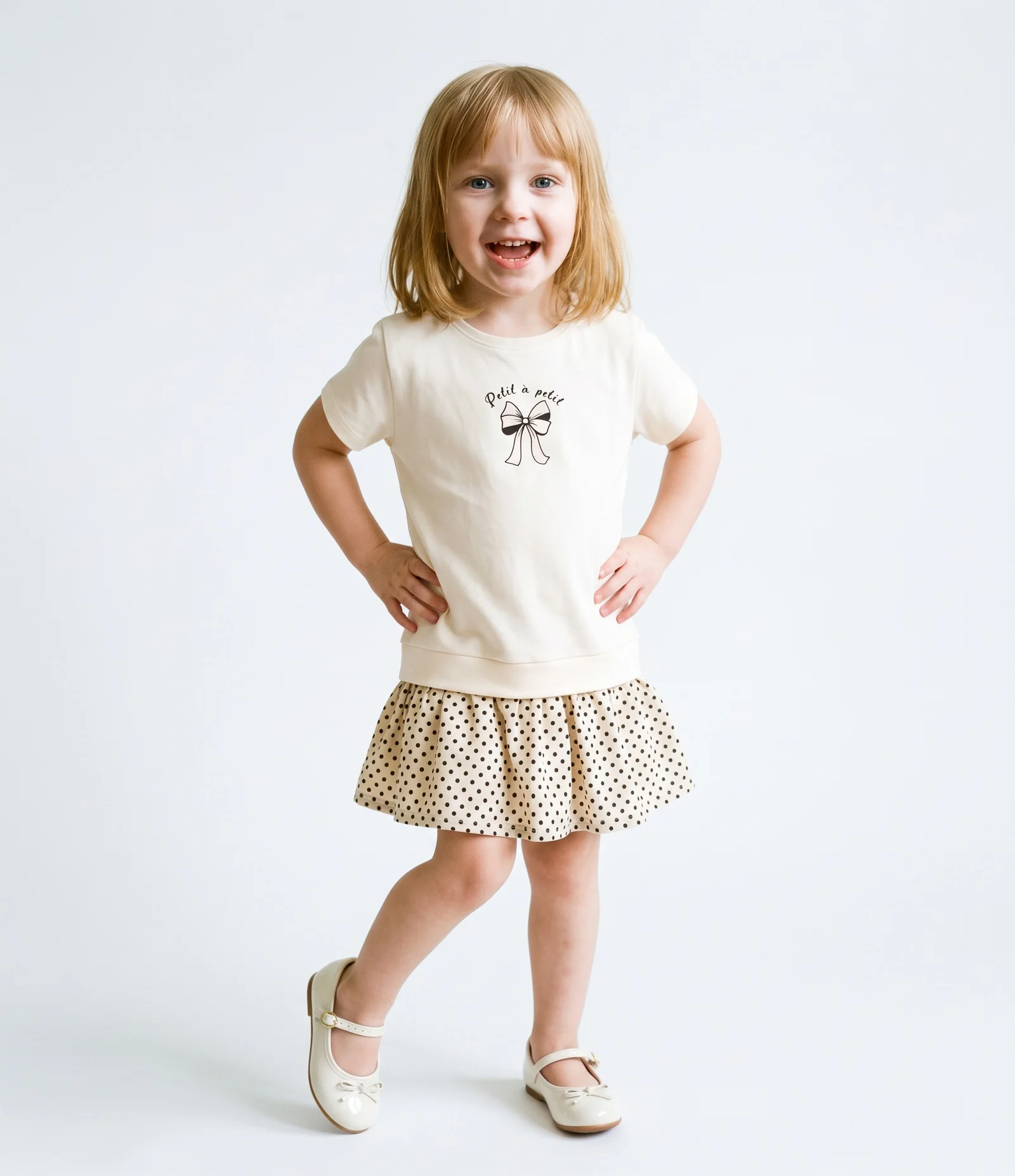 Vestido Relaxed em Moletinho com Saia Tule Poá Infantil - Tam 1 a 6 Anos Bege 1