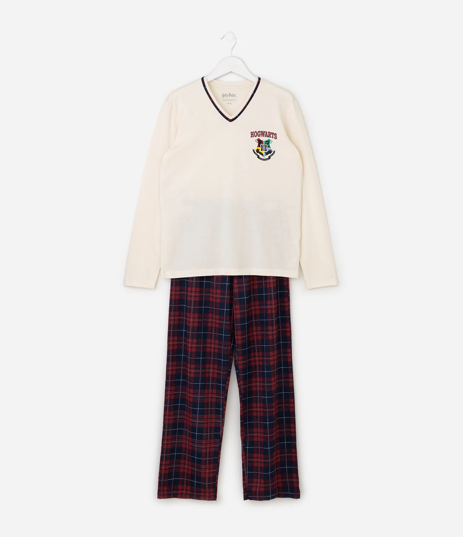 Pijama Infantil Harry Potter com Estampa Hogwarts e Calça Xadrez – Tam 7 a 16 Anos Off White/Vermelho/Azul 2