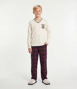 Pijama Infantil Harry Potter com Estampa Hogwarts e Calça Xadrez – Tam 7 a 16 Anos