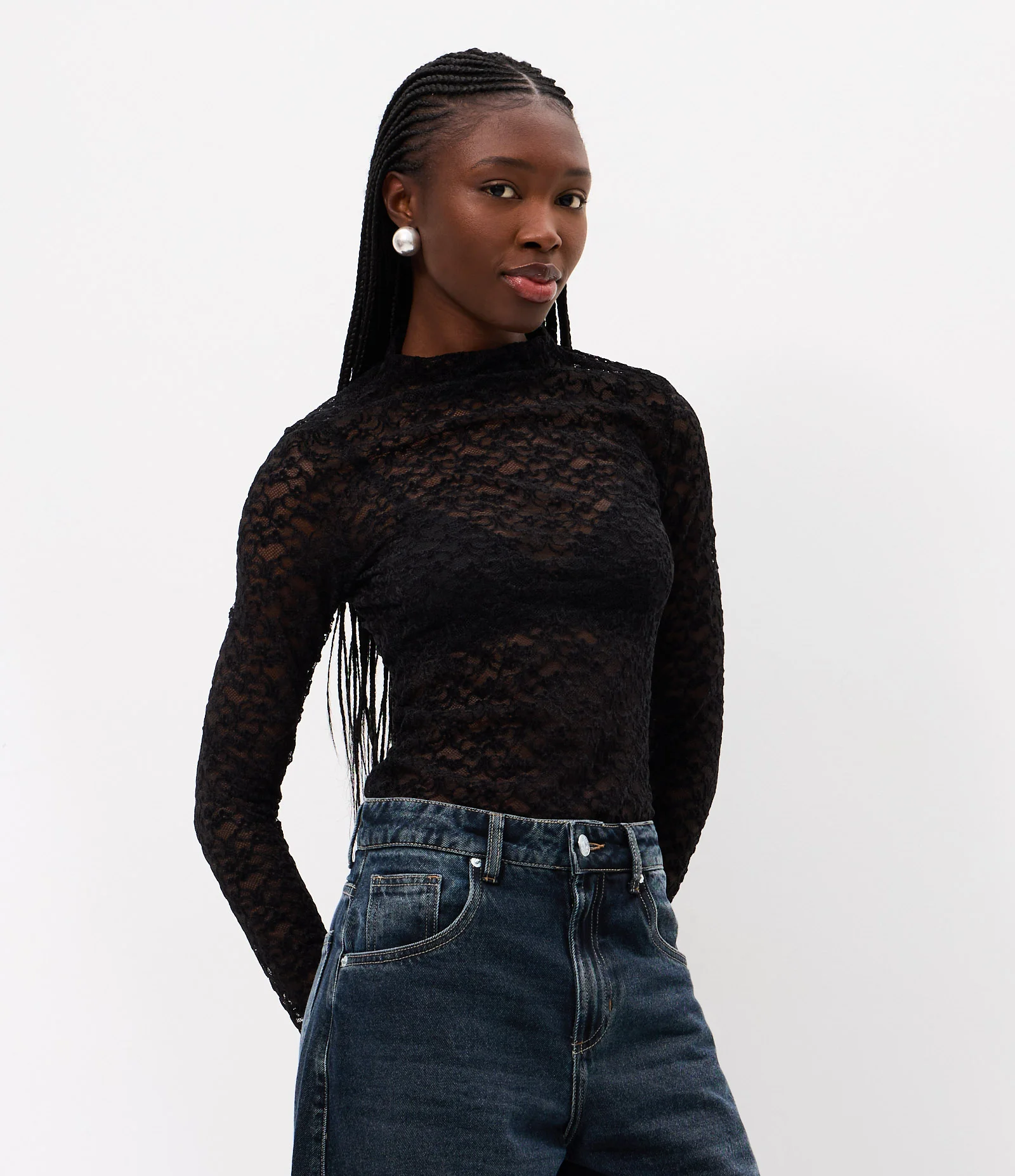 Blusa Segunda Pele em Renda com Gola Alta Preto 1