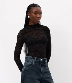 Blusa Segunda Pele em Renda com Gola Alta
