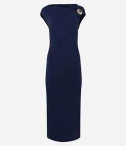 Vestido Longo em Microfibra com Enfeite no Ombro