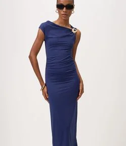 Vestido Longo em Microfibra com Enfeite no Ombro