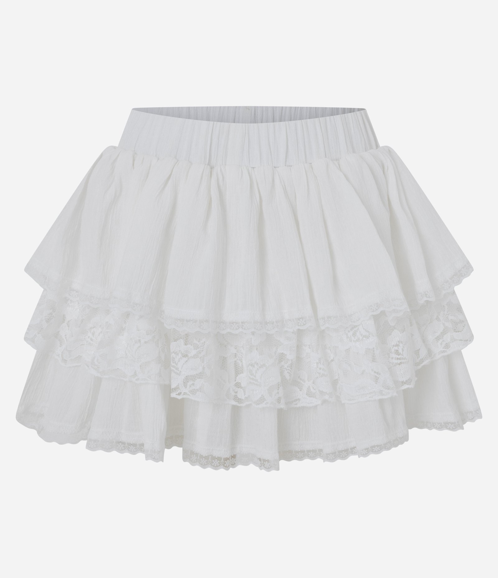 Saia Texturizada com Babados em Camadas e Detalhes em Renda Branco 1
