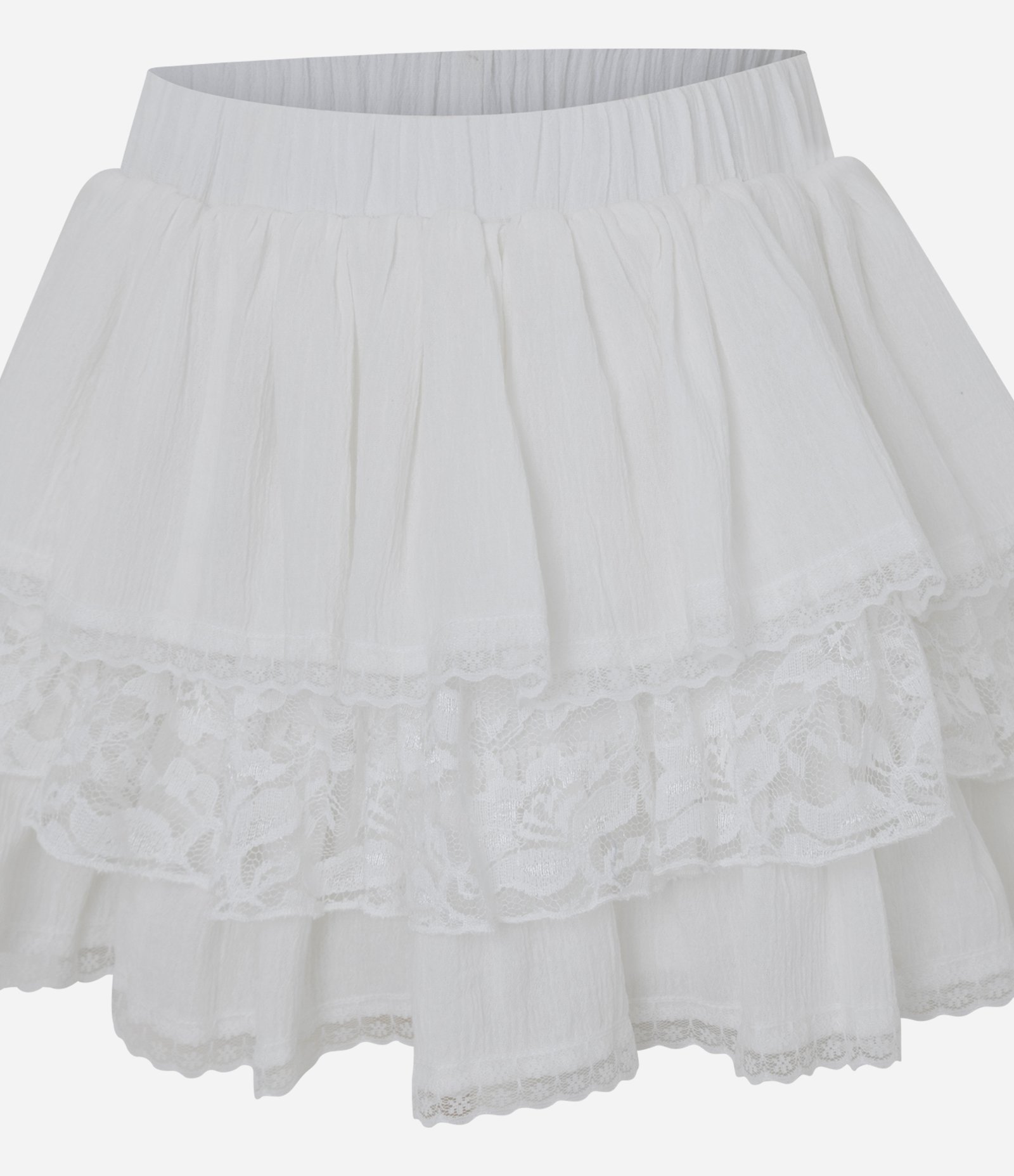 Saia Texturizada com Babados em Camadas e Detalhes em Renda Branco 2