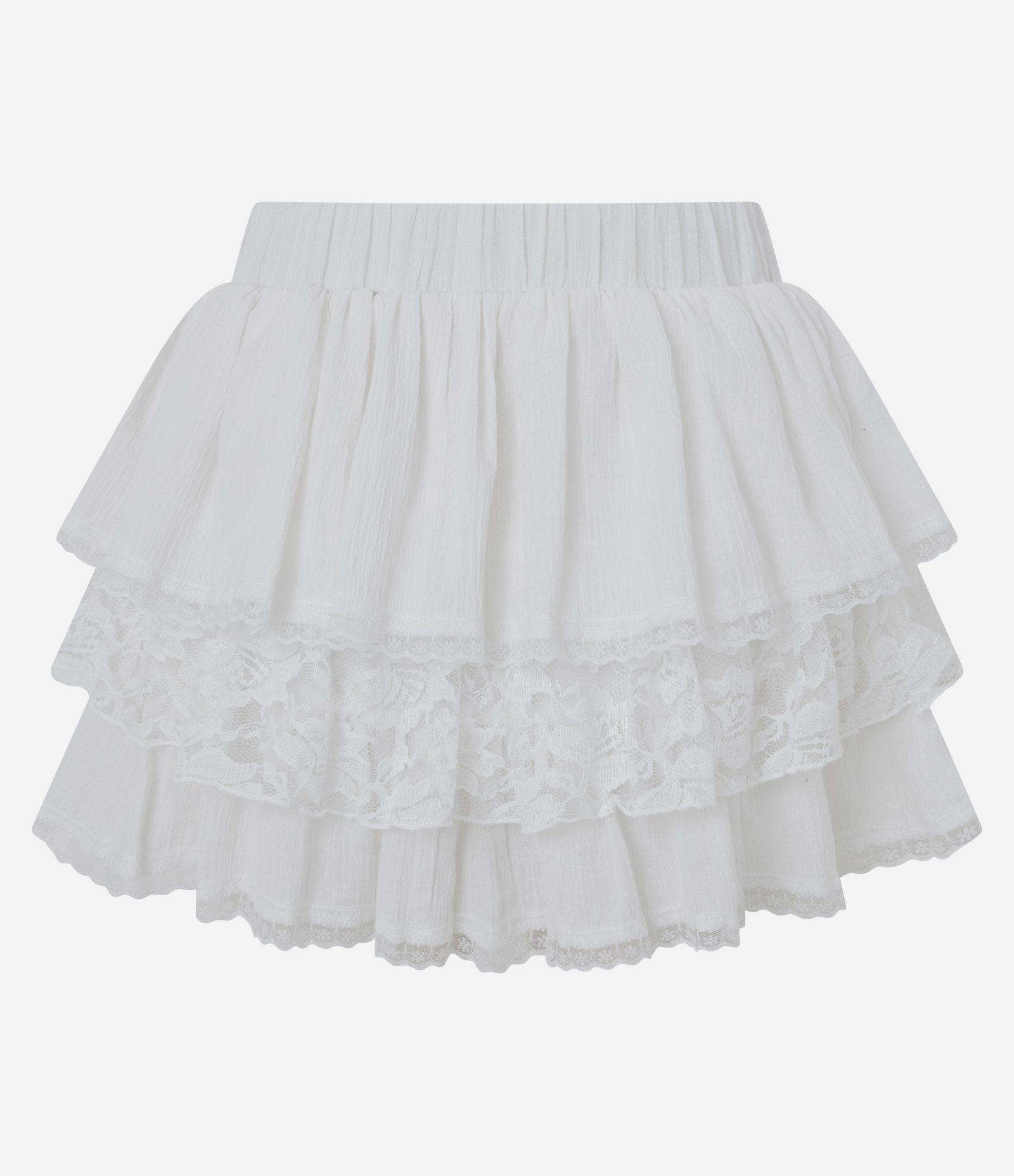 Saia Texturizada com Babados em Camadas e Detalhes em Renda Branco 3