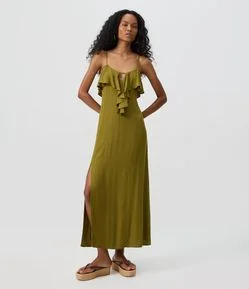 Vestido Longo em Viscose com Babados Frontais e Costas Vazadas