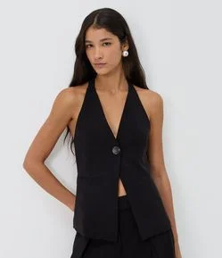 Colete Halter em Sarja com Abotoamento e Decote Profundo