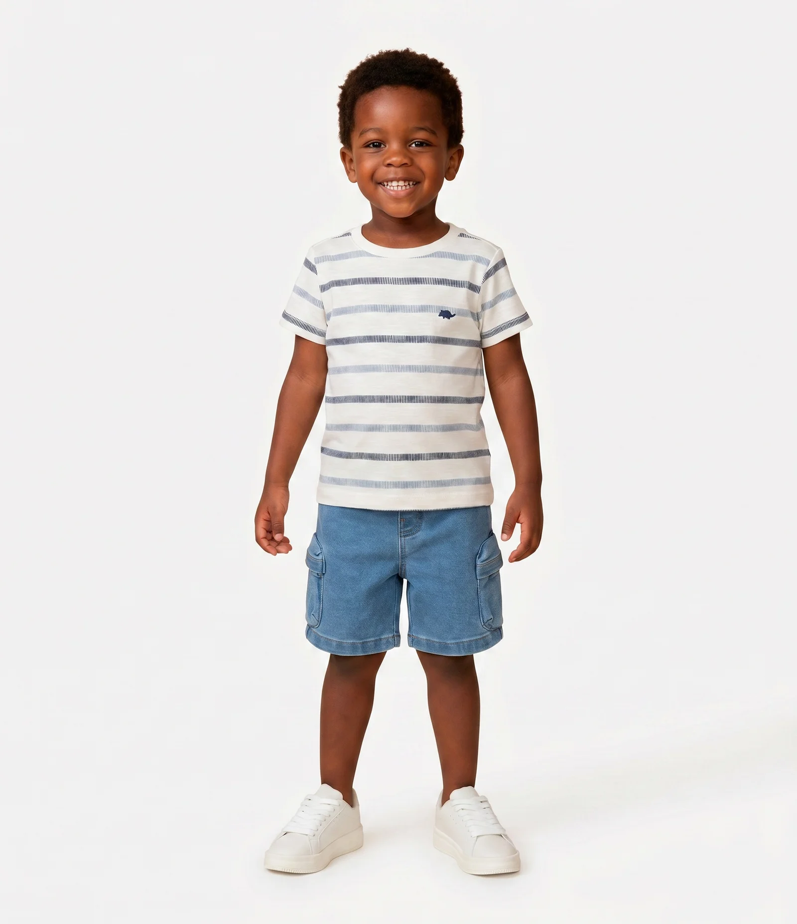 Camiseta Infantil em Algodão com Estampa Listrada – Tam 1 a 6 Anos Azul/Off White 1