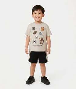 Conjunto Camiseta e Bermuda em Moletom com Ícones Esportivos - Tam 1 a 6 Anos