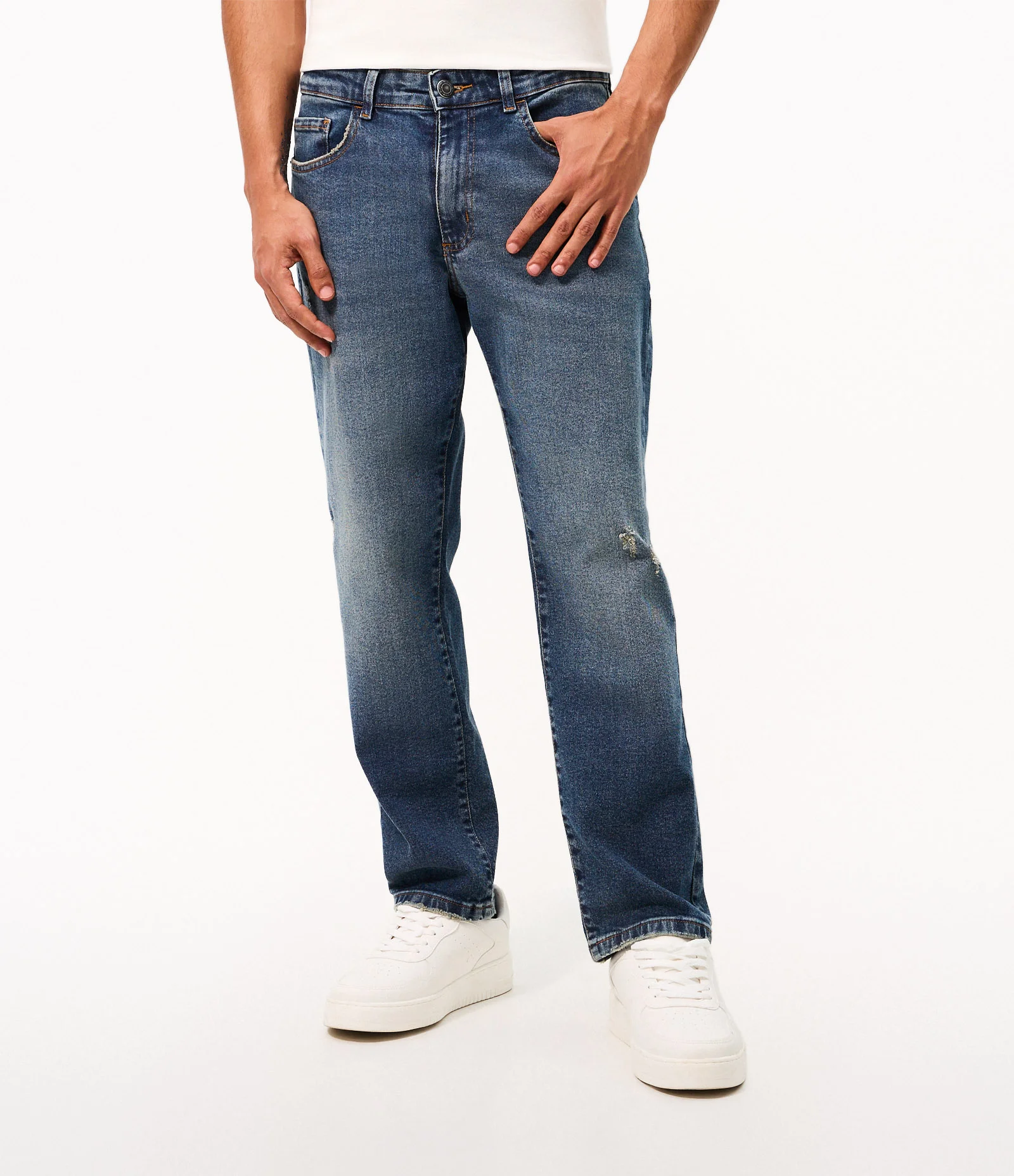 Calça Jeans Slim Cropped com Desgaste Azul 2