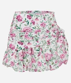 Saia Balonê Floral em Tricoline com Faixa para Amarração