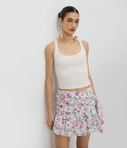 Saia Balonê Floral em Tricoline com Faixa para Amarração