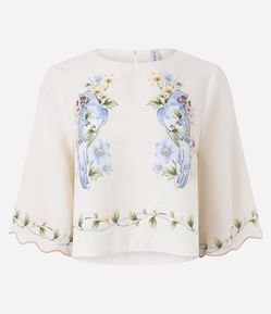 Blusa Manga 3/4 em Viscolinho com Estampa de Pássaros e Barra Ondulada