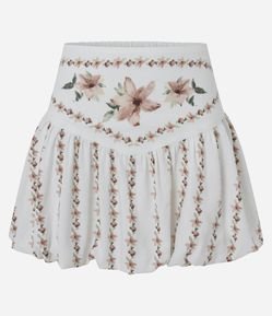 Minissaia Balonê em Viscolinho Floral com Cós Transpassado